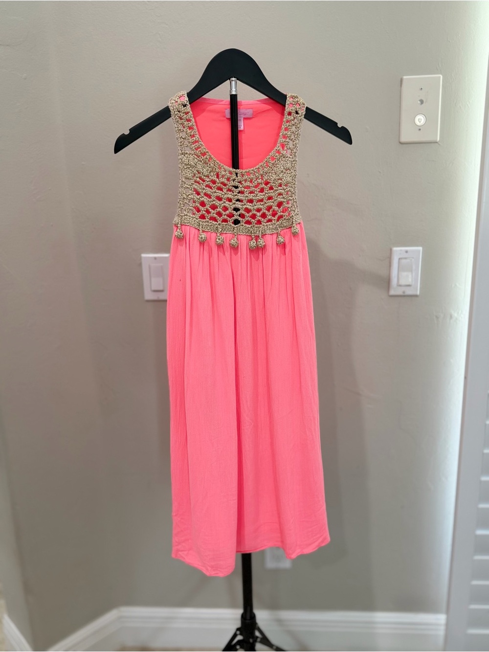 Lilly Pulitzer Coral Pink Sleeveless Dress with Gold Crochet Yoke